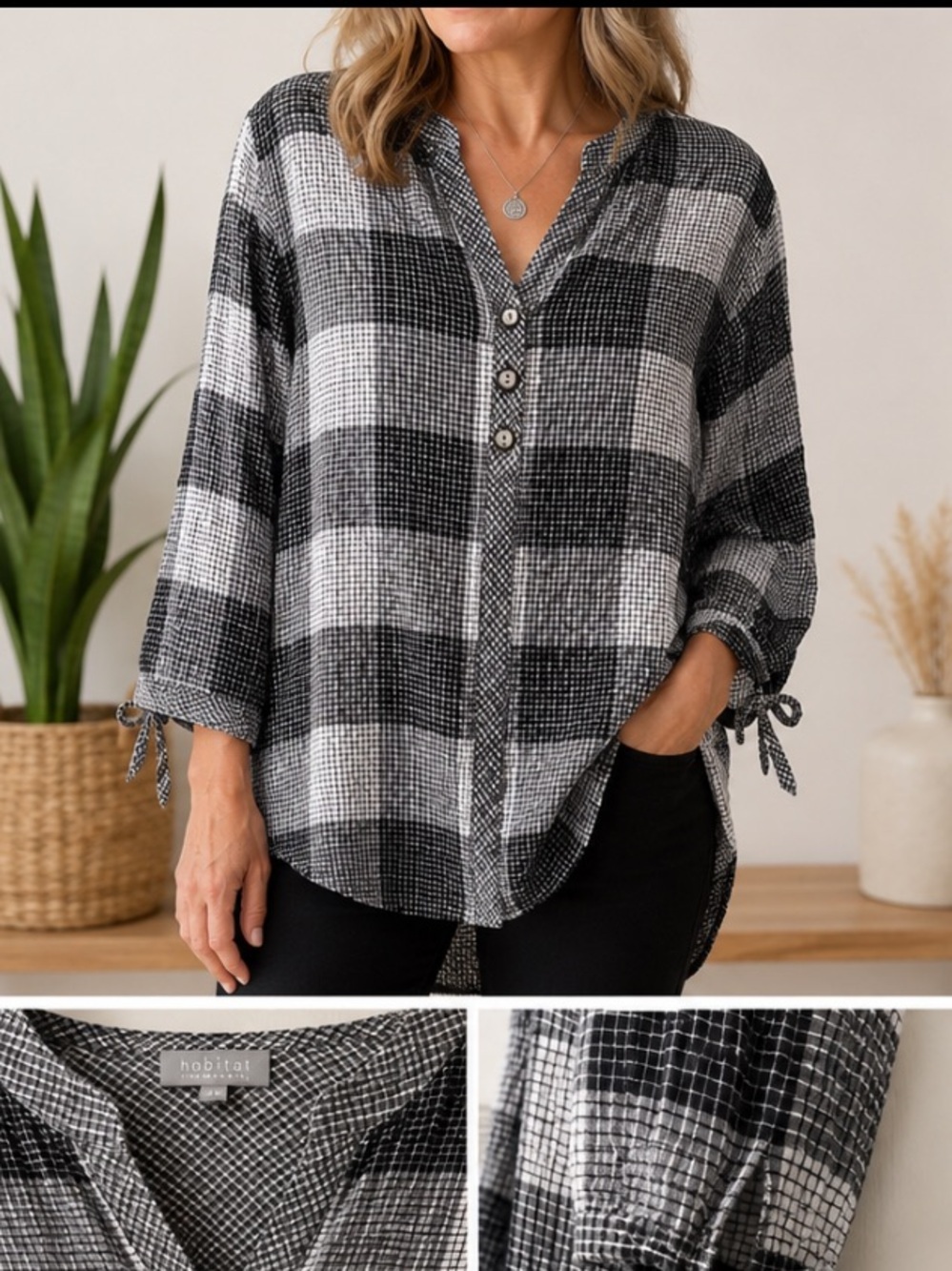 Habitat Crinkled Gauze Tunic Top XL Plaid V Neck High Low
